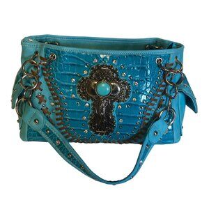 Cowgirl Trendy Turquoise Faux Leather Conceal Handbag Studded Cross Western